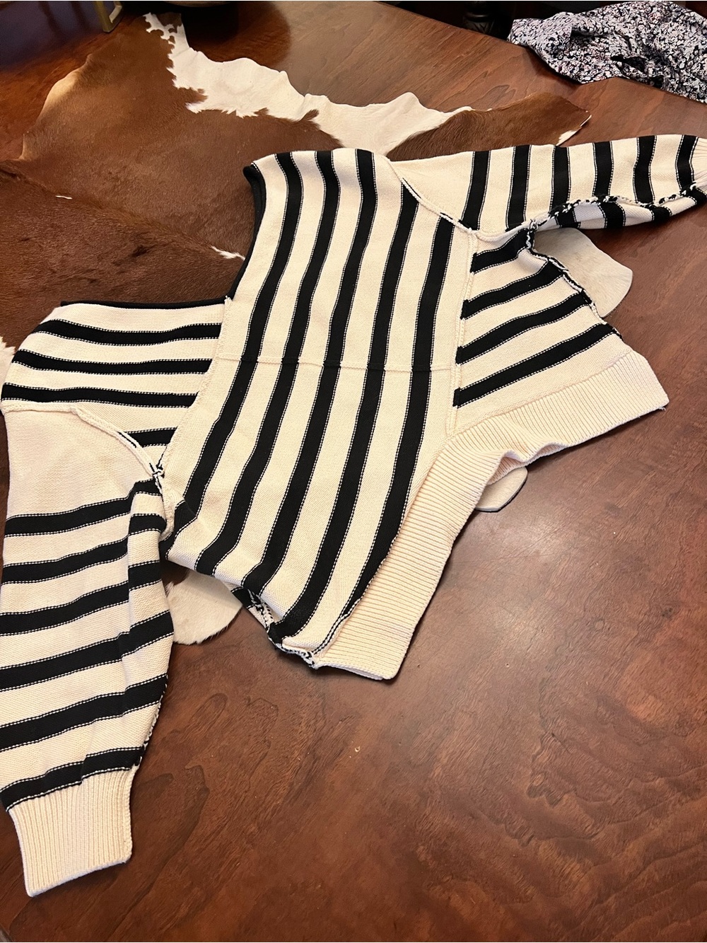 We The Free Black and Cream Striped V-neck  Sweater